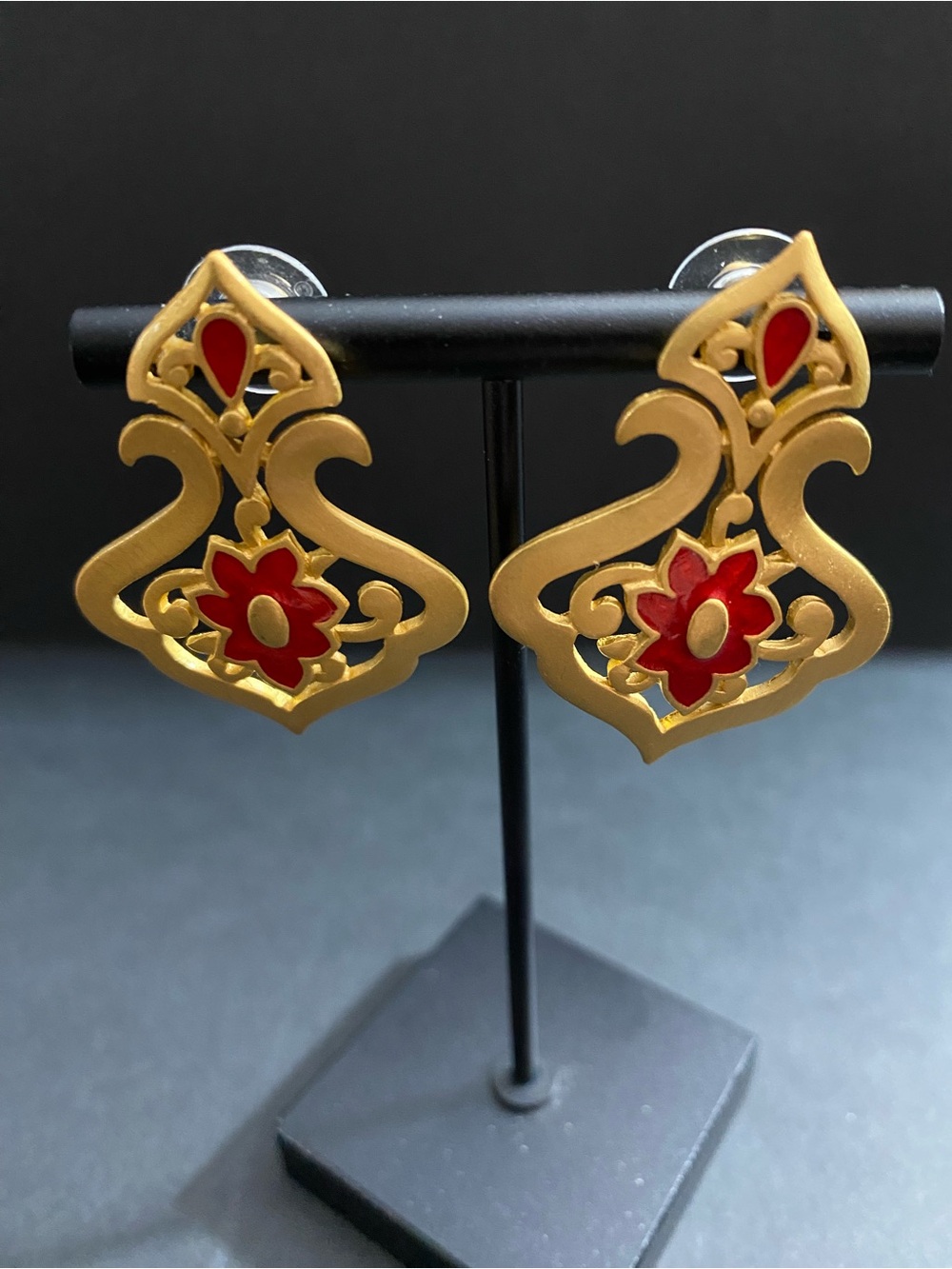 Gold-Tone Red Flower Drop Earrings